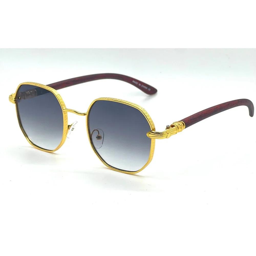 Men Sunglasses Fashion Designer Gold‎ Frame Woody Arms Octagon Black Lens Lentes